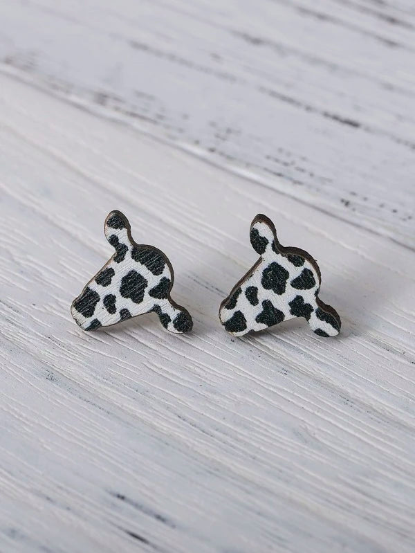 Small Wooden Cow Stud Earrings