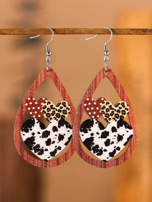 Leopard Print Heart Lightweight Wooden Drop Earrings