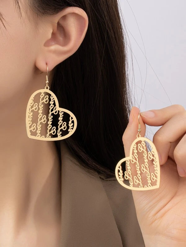 Gold Tone Heart Cursive Love Earrings