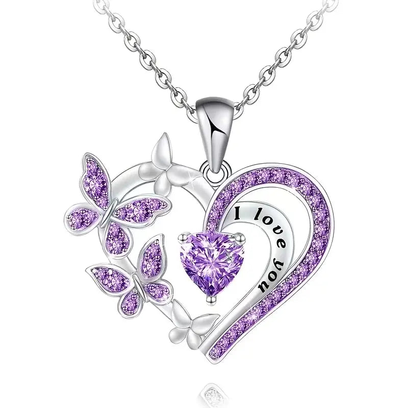 Butterfly and Heart Short Necklace with Purple Rhinestones