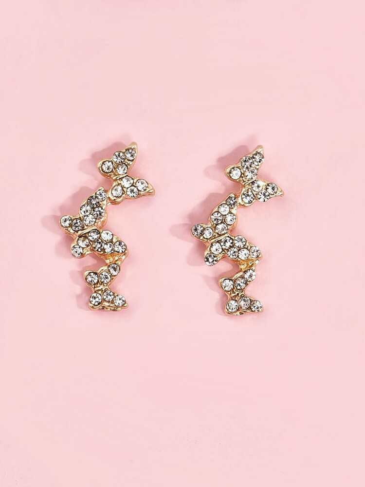 Gold and Rhinestone Butterfly Stud Earrings