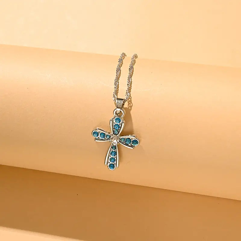 Beautiful Blue Rhinestone Cross Pendant Necklace