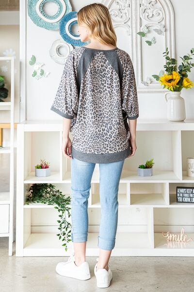 Heimish Full Size Leopard Contrast V-Neck Half Sleeve T-Shirt