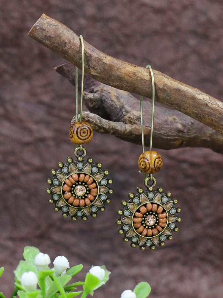 Rhinestone and Beaded Flower Drop Earrings