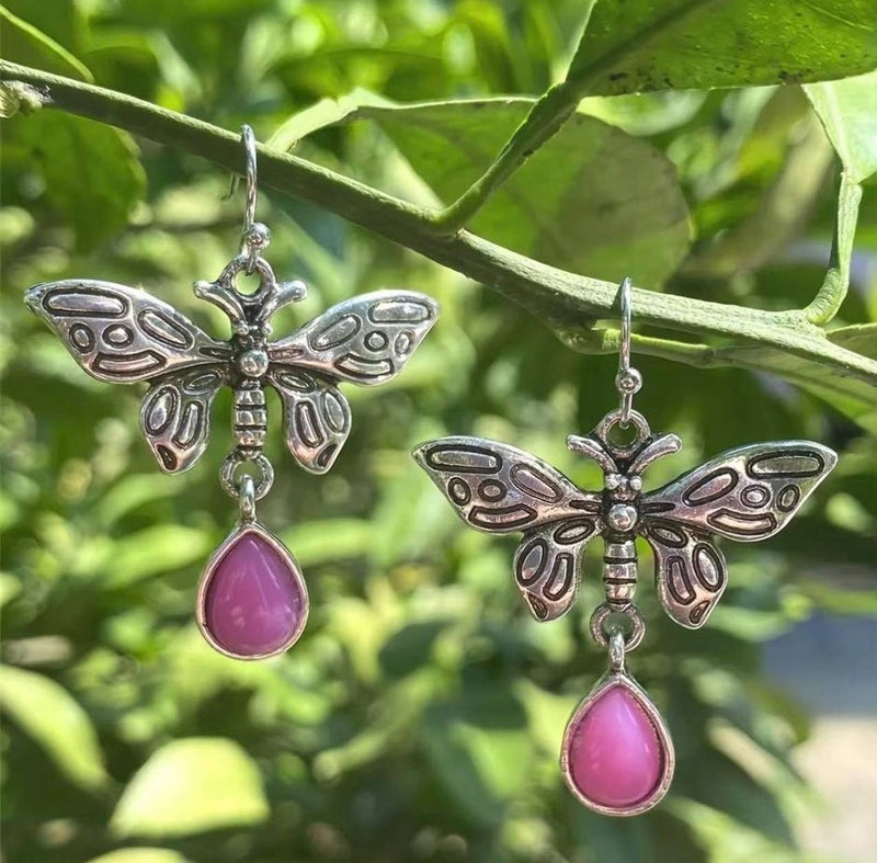 Pink Bead Butterfly Earrings