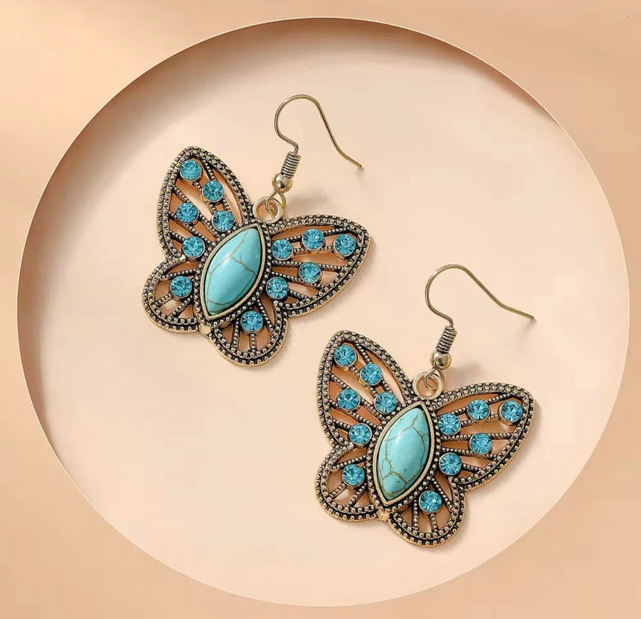 Turquoise & Rhinestone Butterfly Earrings