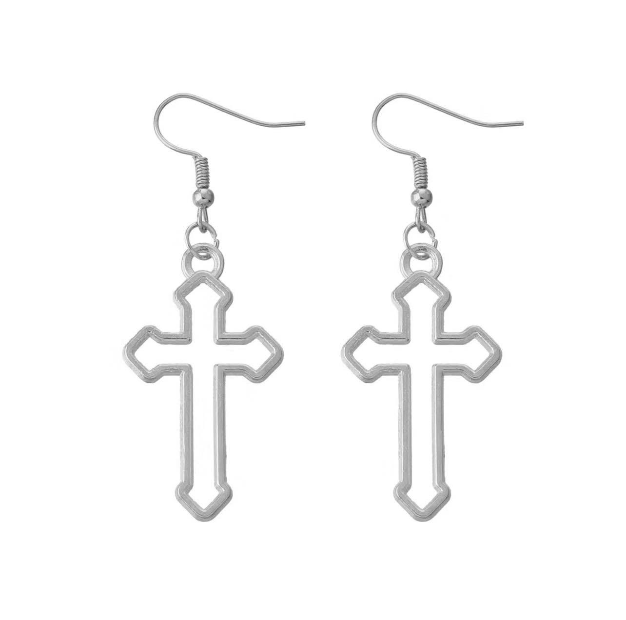 Simple Silver Hollow Cross Earrings