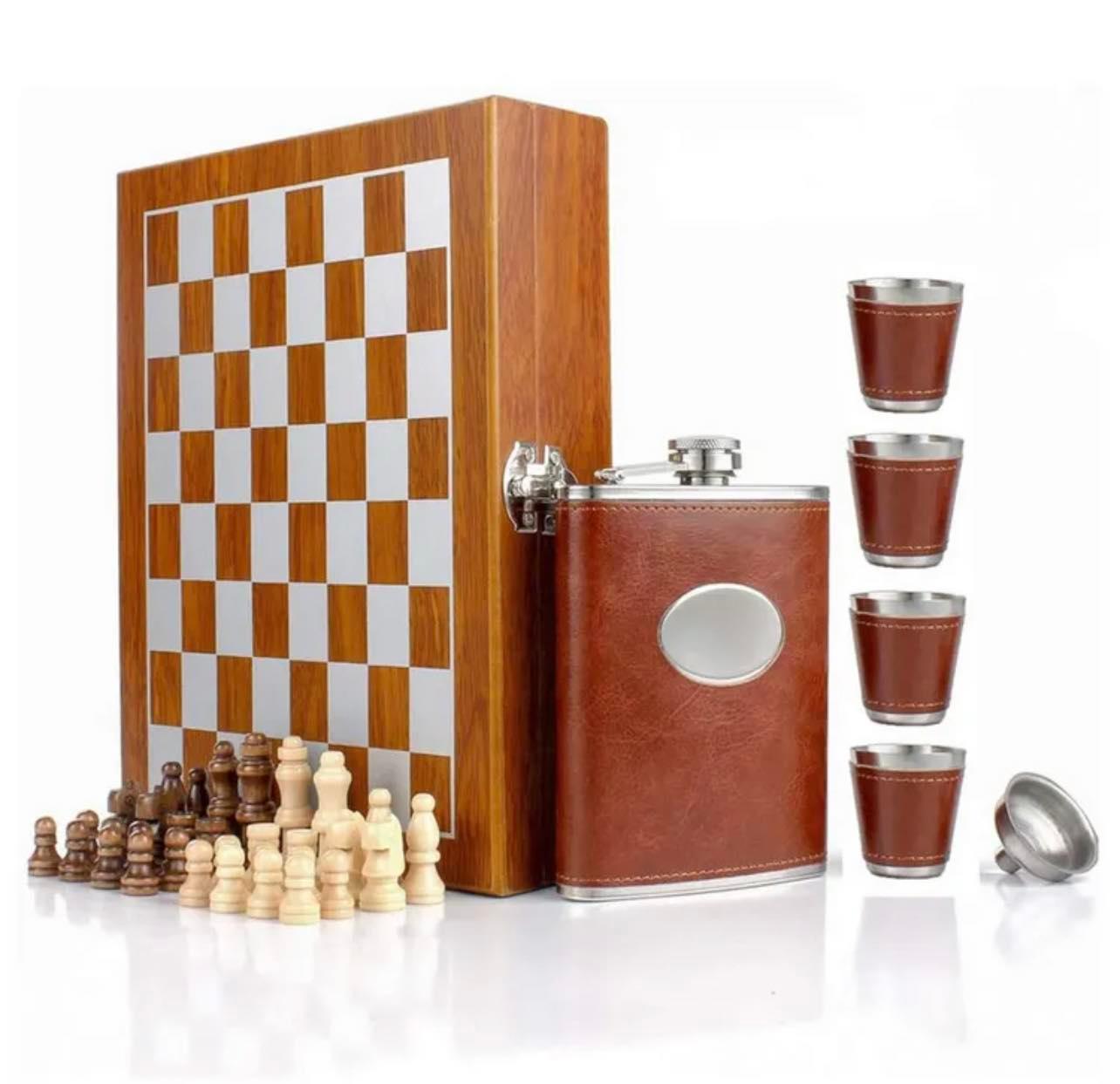 Flask and Cup Set with Mini Chess Set and Solid Wood Box