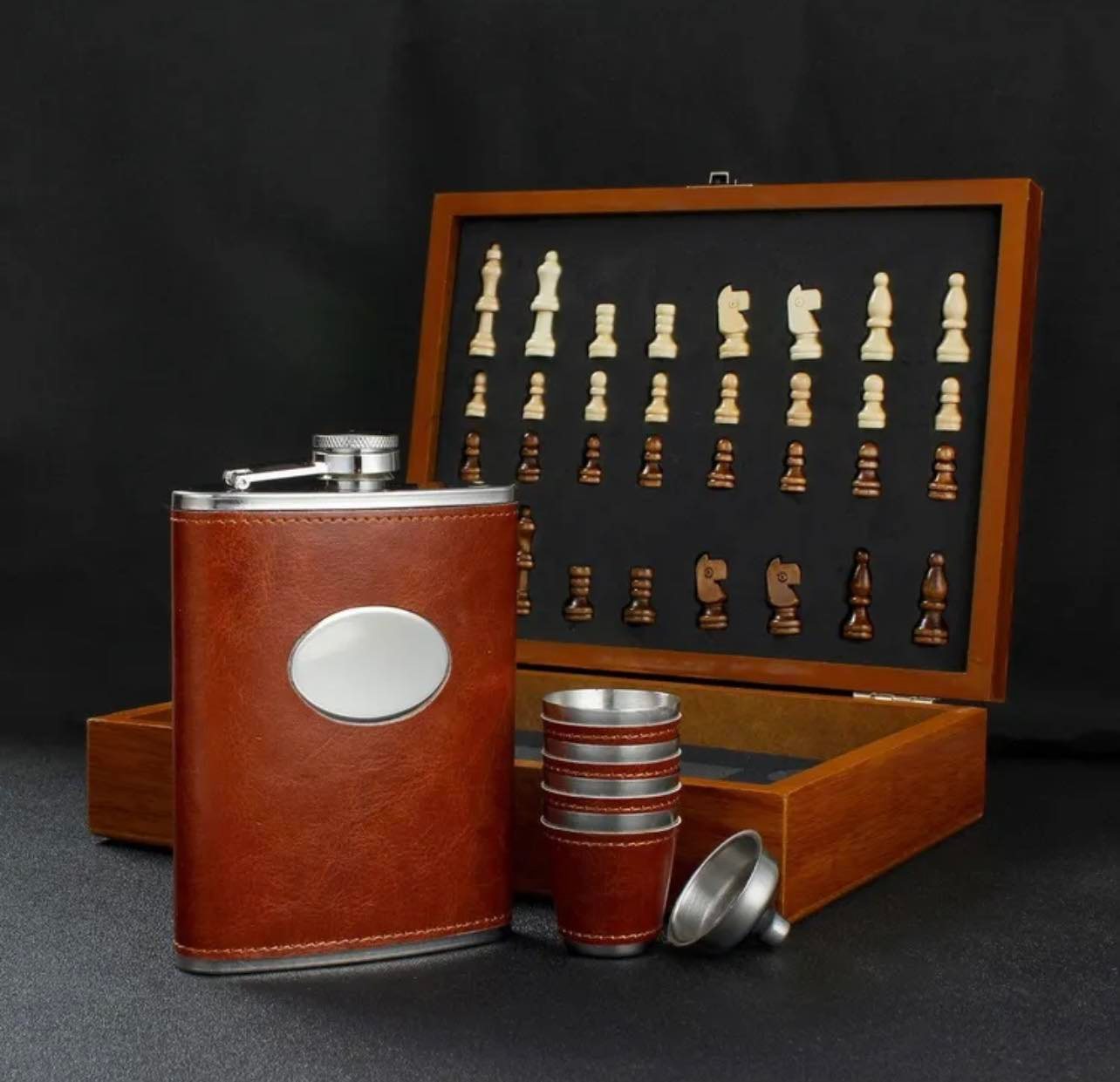 Flask and Cup Set with Mini Chess Set and Solid Wood Box