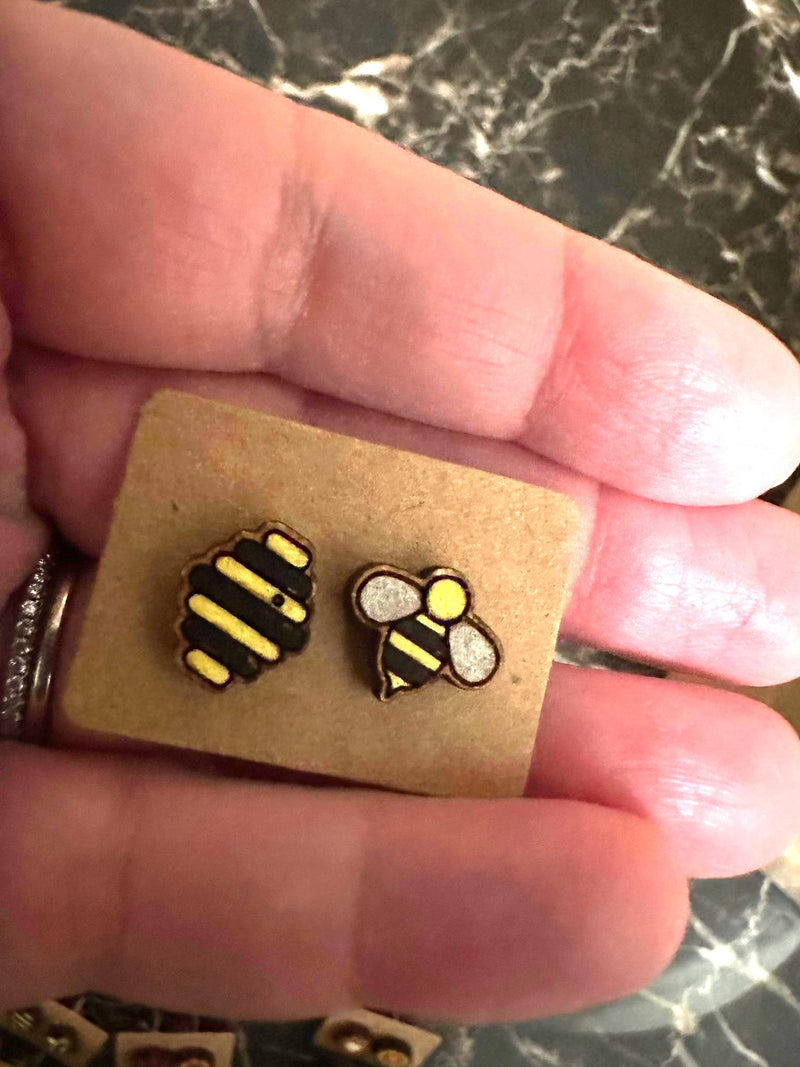 Hand Made Hand Painted Wooden Bee Themed Earrings-Choose Style