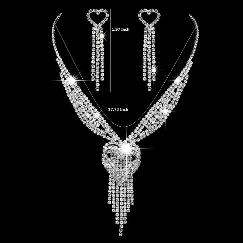 Blingy Heart Tassel Statement Necklace and Earrings Set