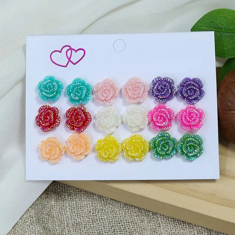 9 pairs of Multicolored Glitter Rose Stud Earrings