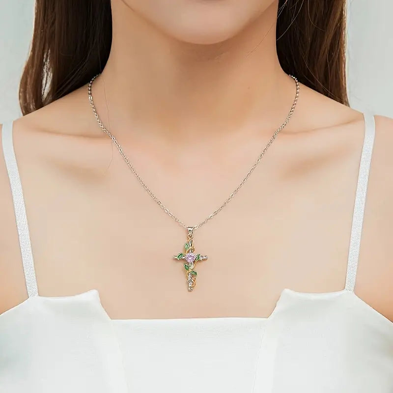 Cross and Leaf Pendant Necklace-Choose Color