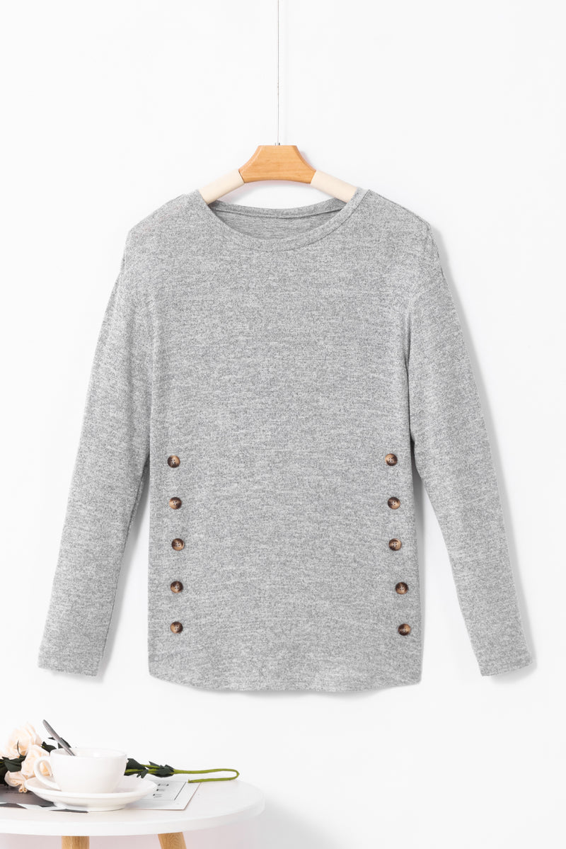 Decorative Button Round Neck Long Sleeve Top