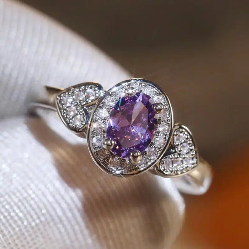 Purple Rhinestone Ring with Heart Side Accents-Choose Size
