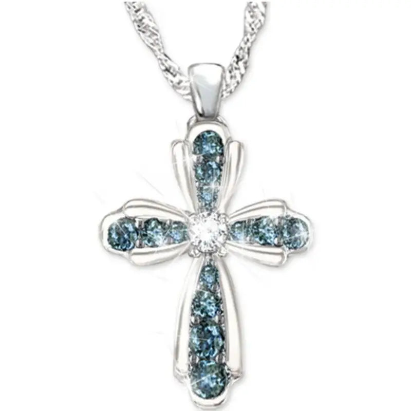 Beautiful Blue Rhinestone Cross Pendant Necklace