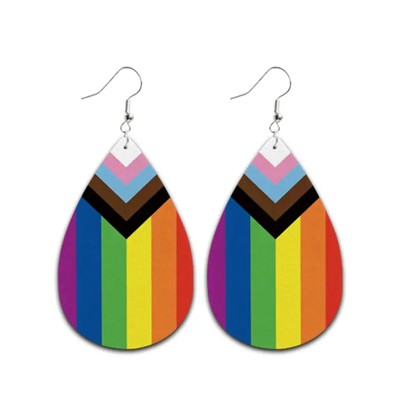 Rainbow Print Teardrop Shaped Leather Earrings