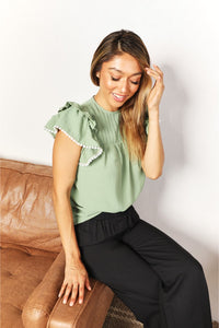 Double Take Pleated Detail Flutter Sleeve Blouse