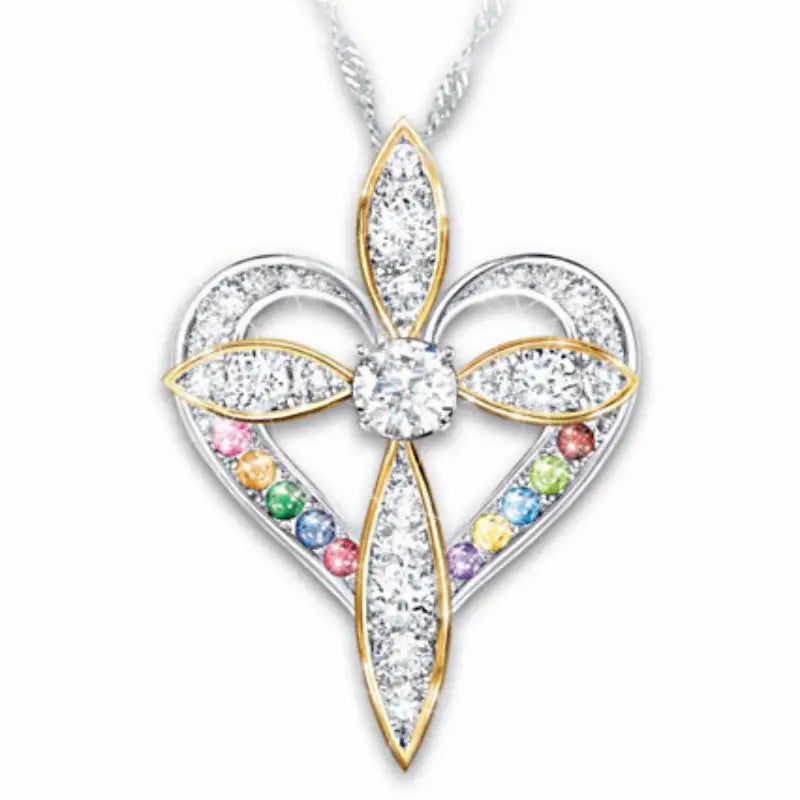 Short Two Tone Cross and Heart Pendant Necklace