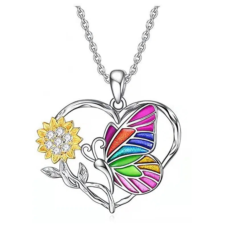 Butterfly and Sunflower Heart Short Necklace