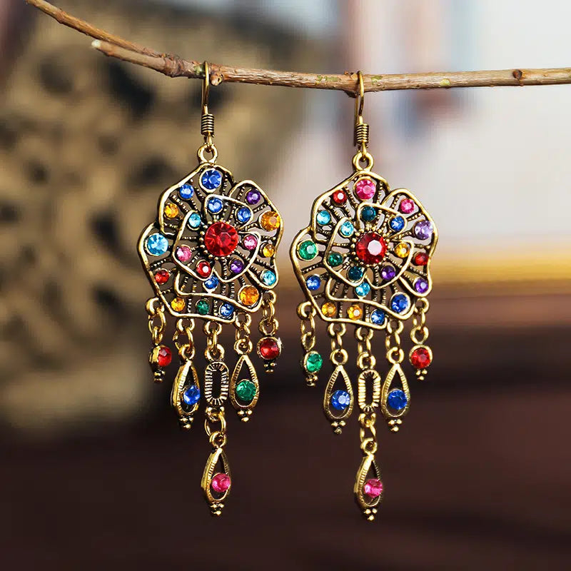 Multi-Colored Rhinestone Flower Earrings