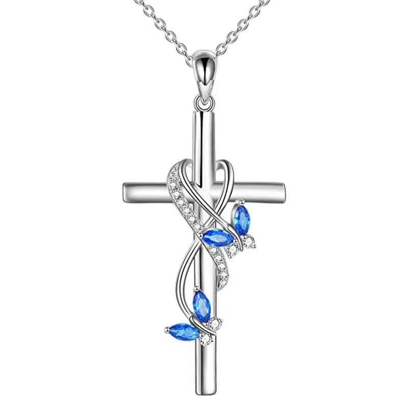 Short Cross Necklace with Wraparound Heart and Butterflies