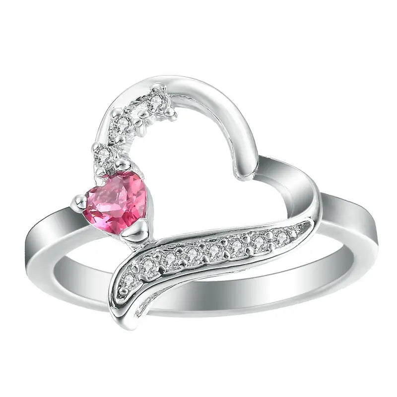 Simple Heart Ring with Pink Heart Rhinestone