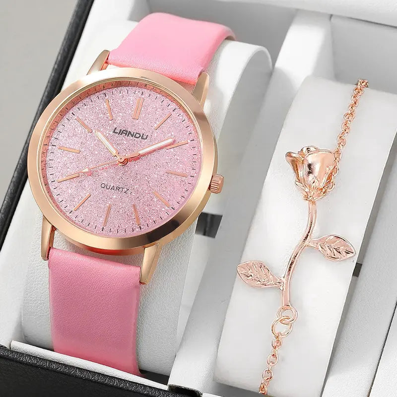 Pink Blingy Quartz Fashion Watch with Rose Bracelet