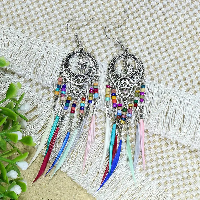 Dreamcatcher Multi Colored Feather Earrings