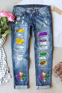 Mardi Gras Sequin Distressed Straight Jeans