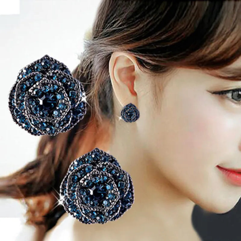 Sparkly Dark Blue Rhinestone Rose Post Earrings