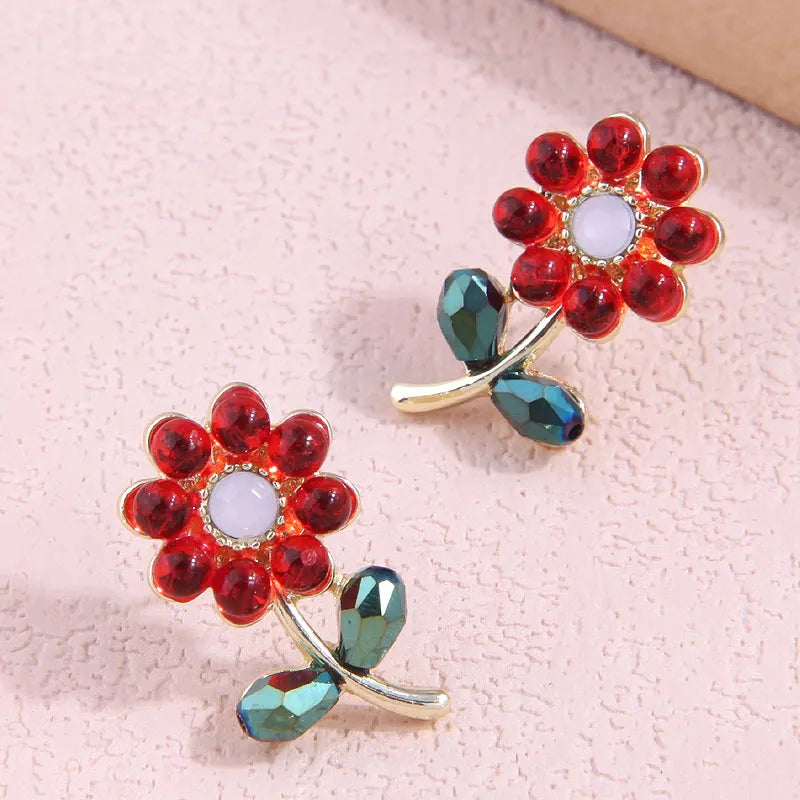 Red Flower Crystal Stud Earrings