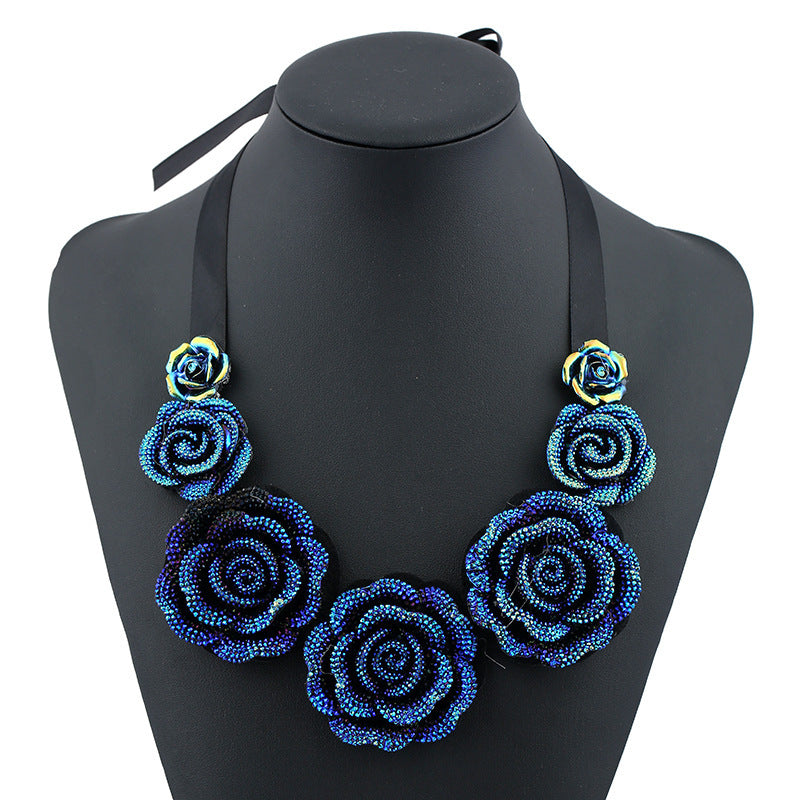 Blue Flower Metallic Statement Necklace