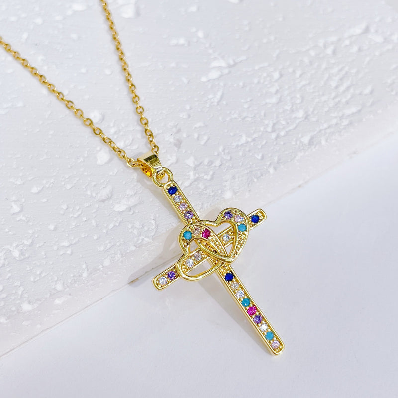 Cross Short Necklace with Hearts and Multi Colored Rhinestones
