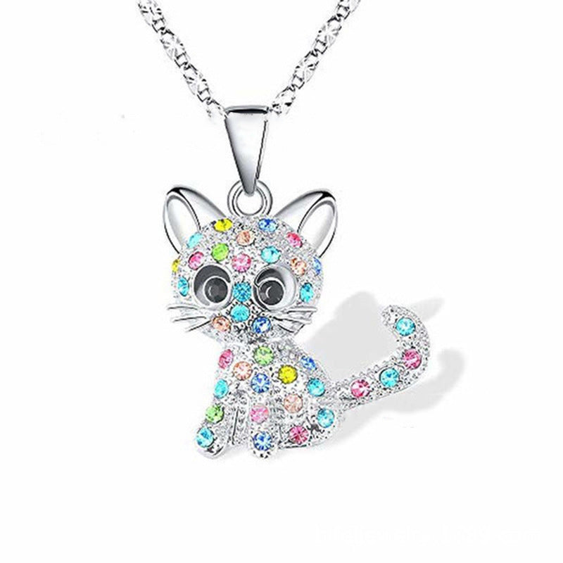 Adorable Colorful Rhinestone Kitten Short Necklace