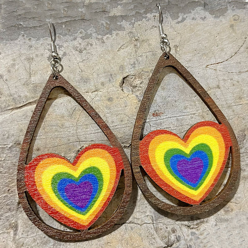 Rainbow Heart Lightweight Wooden Earrings