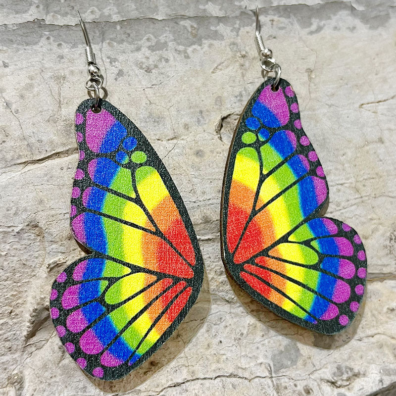 Rainbow Butterfly Wing Lightweight Wooden Earrings