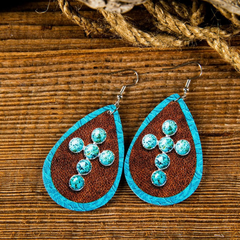 Leather Printed Turquoise Cross Earrings