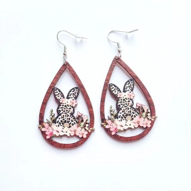 Flower Bunny Wooden Earrings