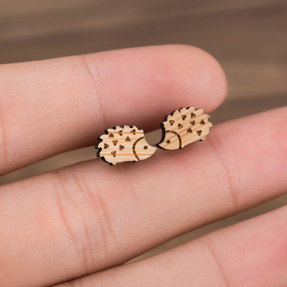 Hedgehog Shaped Wooden Post Earrings