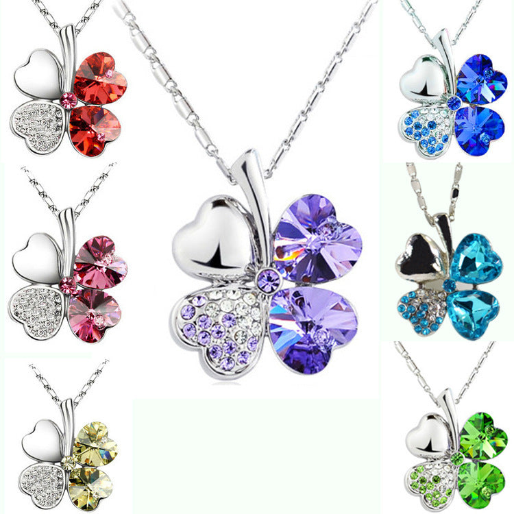 Short Clover Heart Rhinestone Pendant Necklace-Choose Color