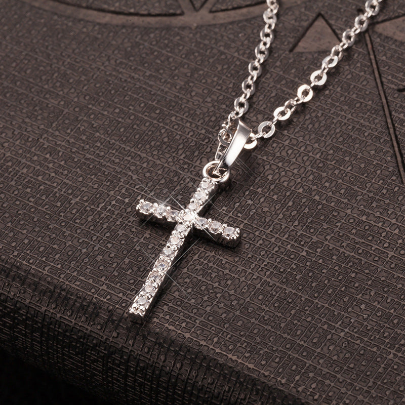 Silver Rhinestone Cross Pendant Short Necklace