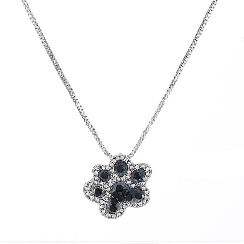 Silver and Black Rhinestone Blingy Paw Print Short Necklace