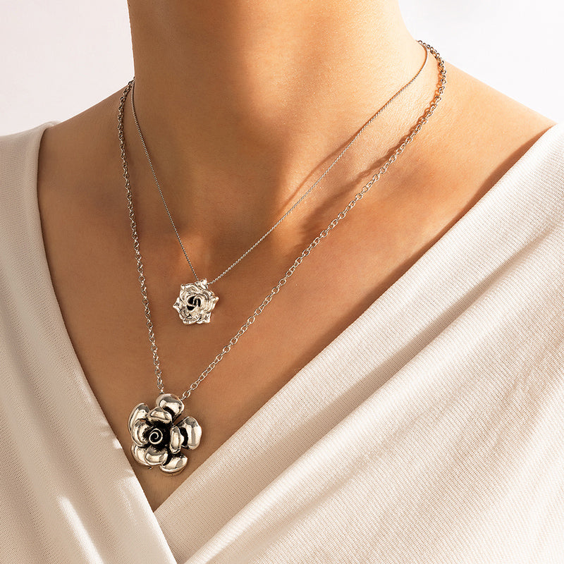 Double Layered Rose Short Silver Necklace
