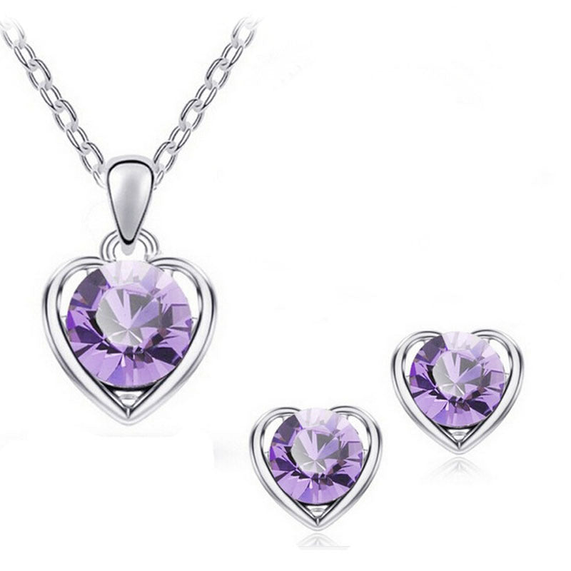 Purple Rhinestone Heart Necklace and Earrings Set