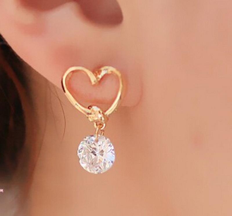 Gold Tone Heart Post Earrings with Rhinestone dangle