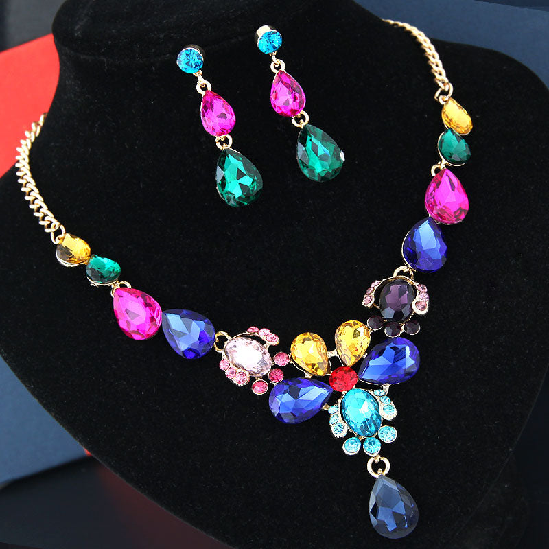 Multi-Colored Rhinestone Statement Necklace and Earrings SET
