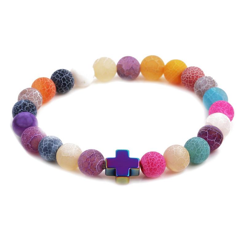 Oil Spill Cross and Multi Colored Bead Stretch Bracelet