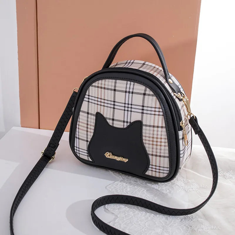 Small Faux Leather Plaid Purse with Cat Silhouette