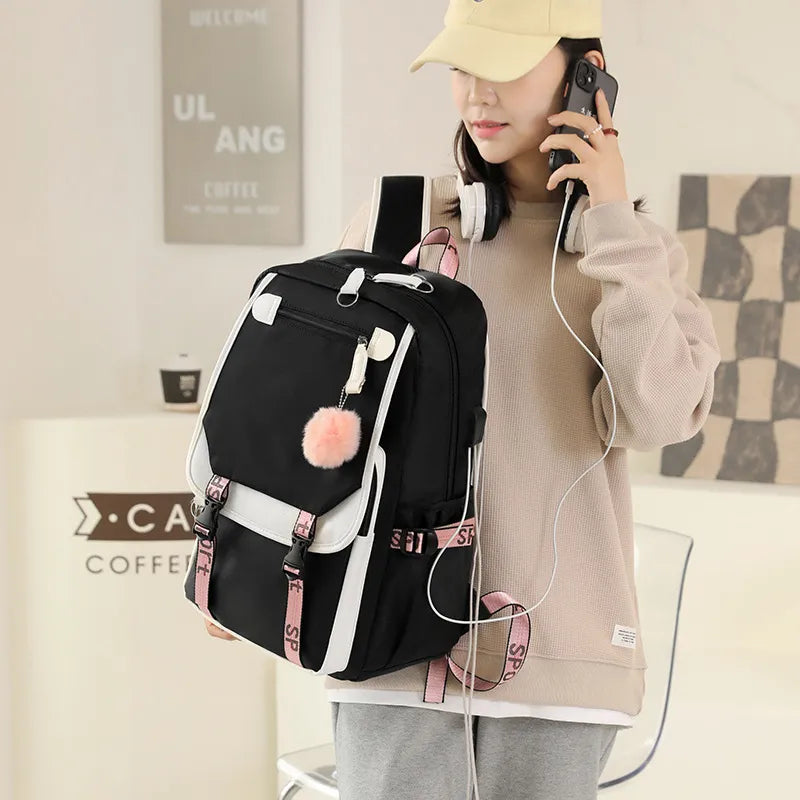 LARGE High Quality Thick Canvas Black Backpack with Pink Accents